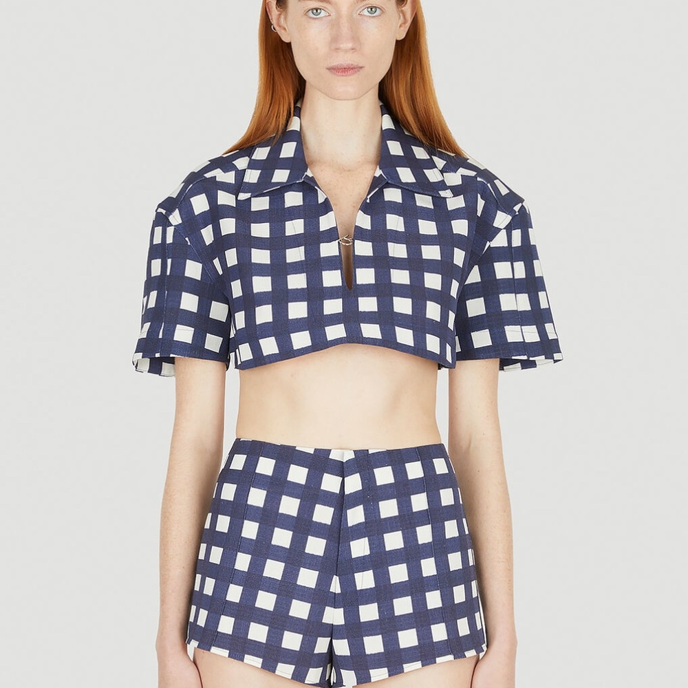 Blue and White Jacquemus Bebi Cropped Checked Woven Shirt